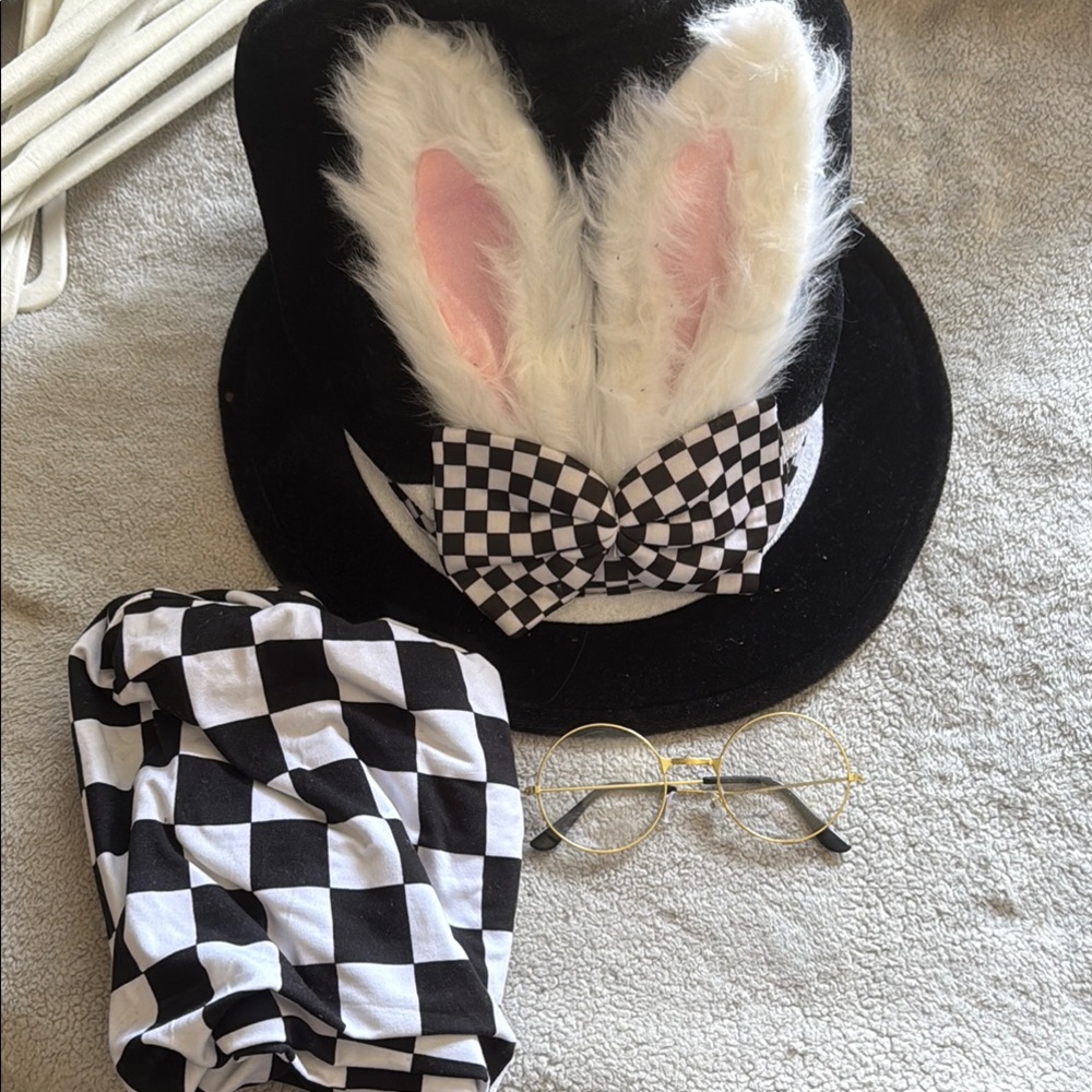 Black Top Hat with Bunny Ears and Checkered Bow